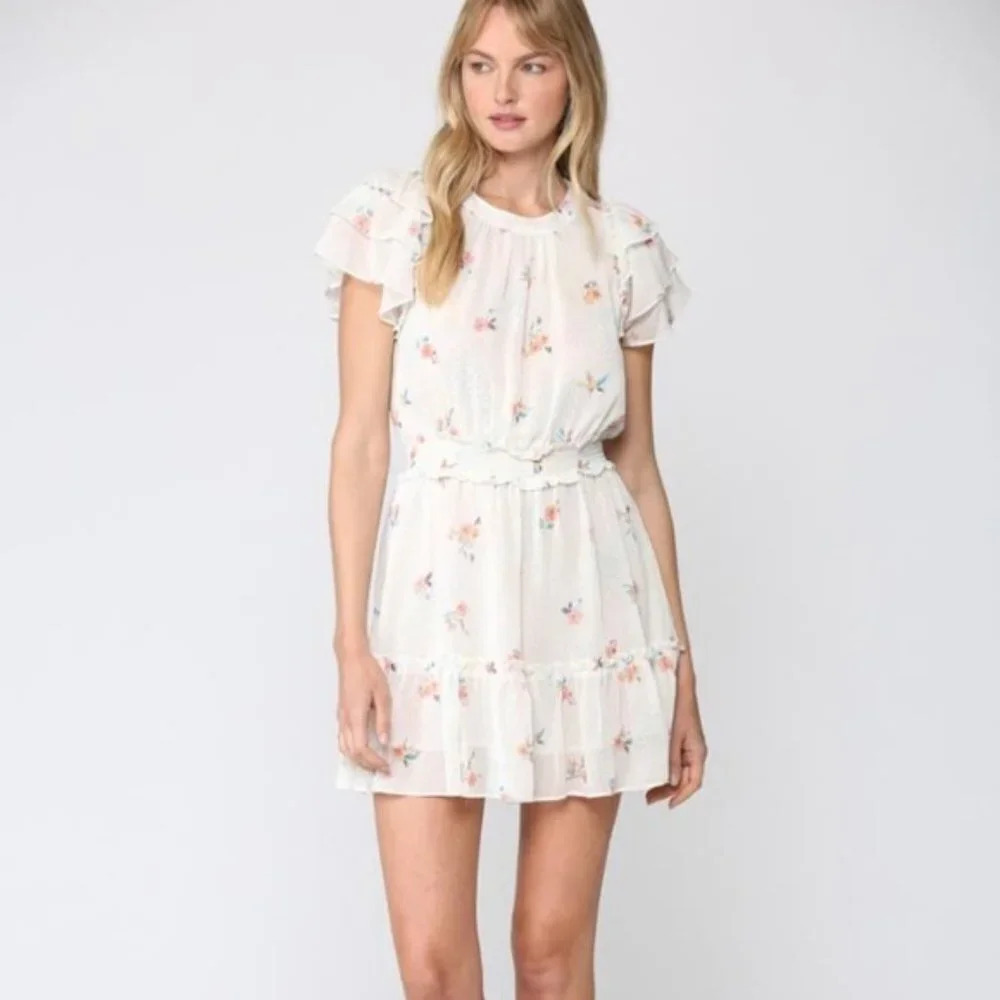 FATE Tiered Ruffle Floral Mini Dress Ivory S Peasant Cottagecore babydoll Easter